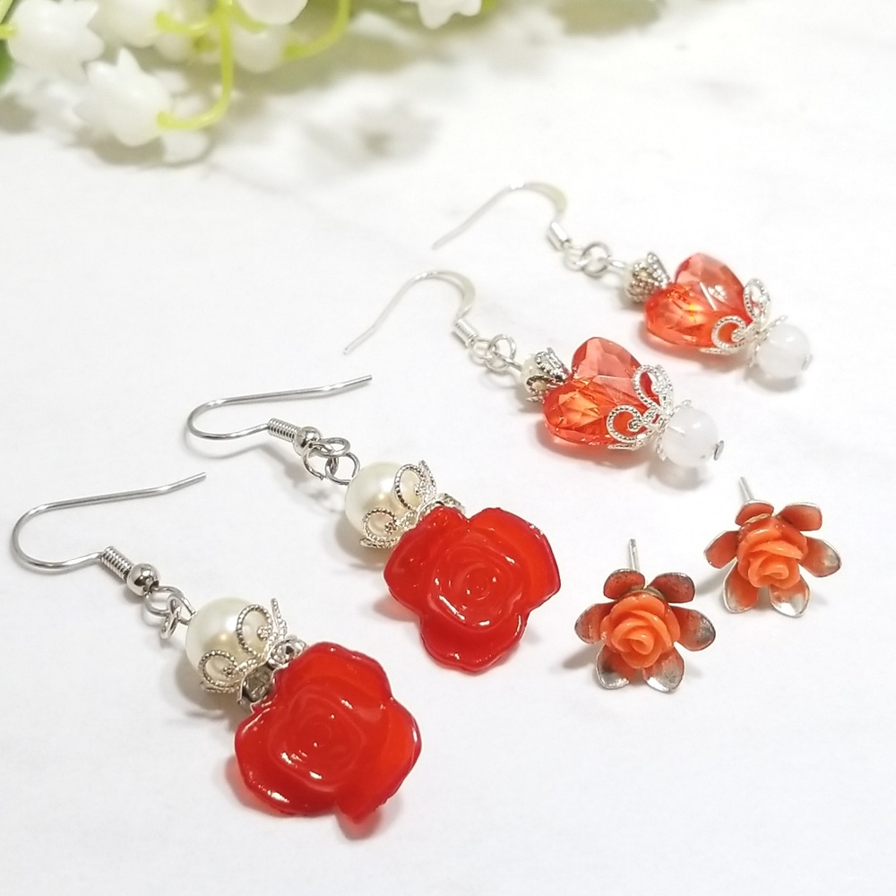 Handmade Cute Red Roses Dangle & Studs Earring Set
